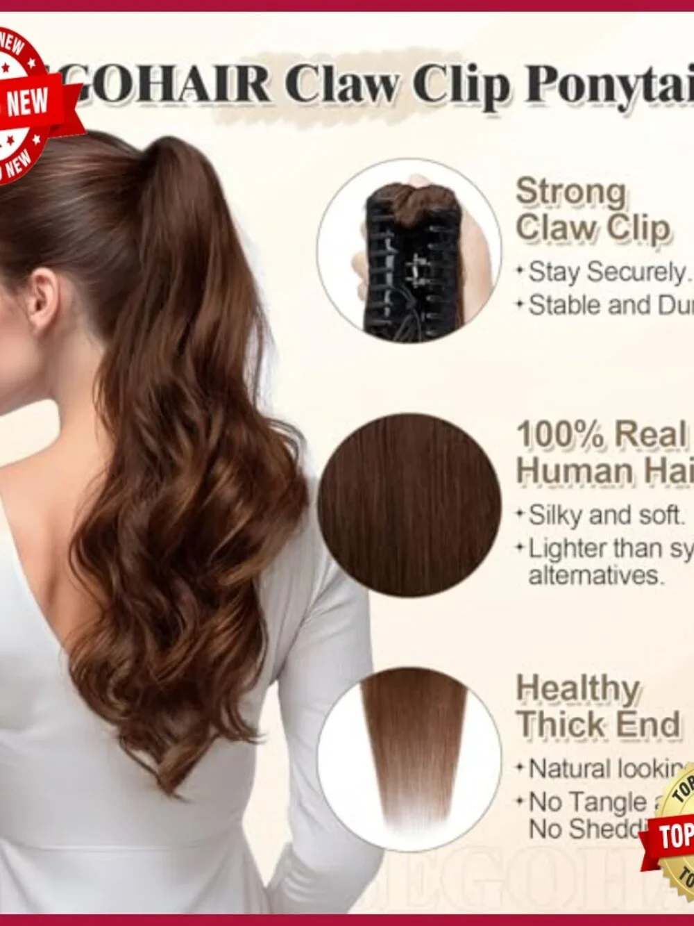 Human Hair Ponytail Extension with Claw Clip, 14-22 Inches, 105-120g